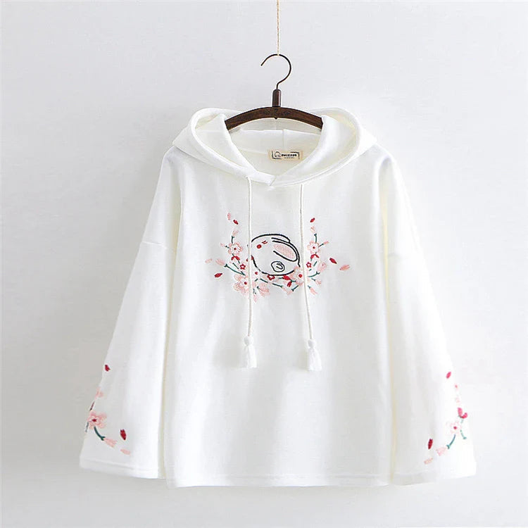 Harajuku White Pink Bunny Sakura Embroidery Hoodie - Image 2
