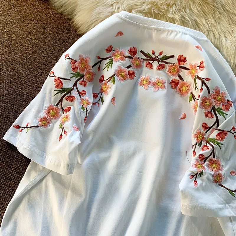 Japanese Cherry Blossoms Embroidery Tee - Image 2