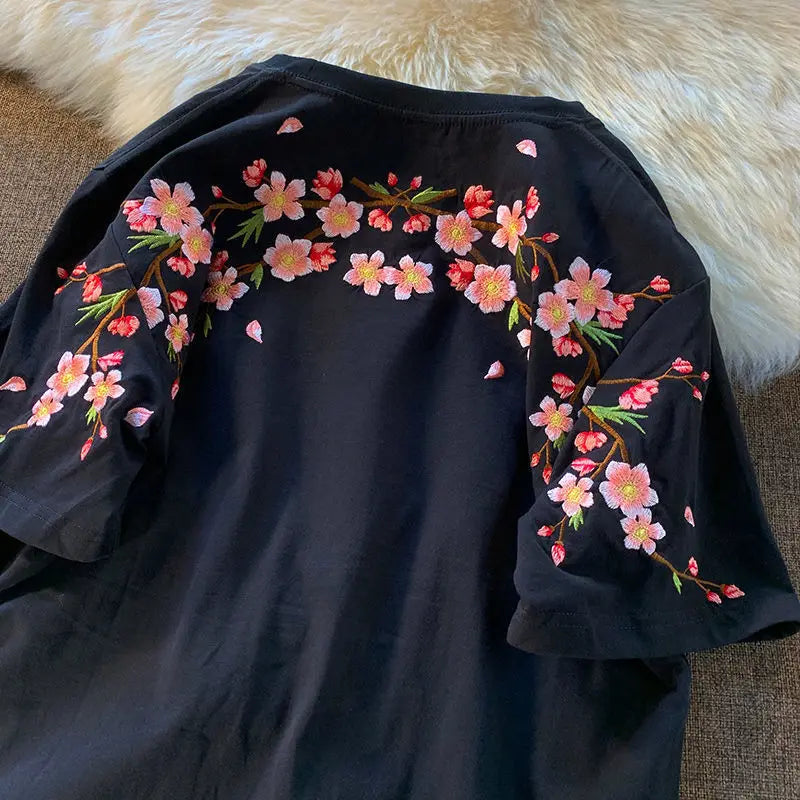 Japanese Cherry Blossoms Embroidery Tee - Image 3