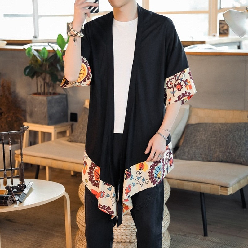 Japanese Cream Floral Black Men's Haori Yukata Kimono Jacket - Image 2