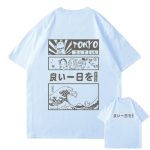 Japanese Kanji Wave Masks Lucky Cat Cotton Tee Set 1