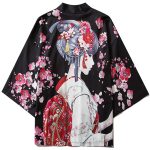 Japanese Sakura Black Red Anime Girl Long Kimono Cardigan Robes