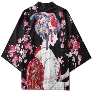 Japanese Sakura Black Red Anime Girl Long Kimono Cardigan Robes