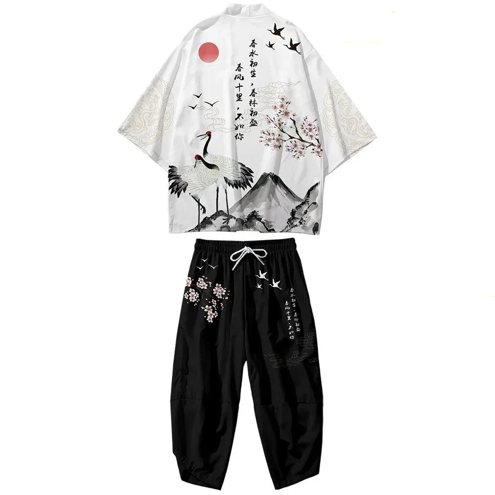 Japanese White Black Sakura Crane Mountains Mens Two-Piece Kimono Yukata Top & Pants Sets - Image 2