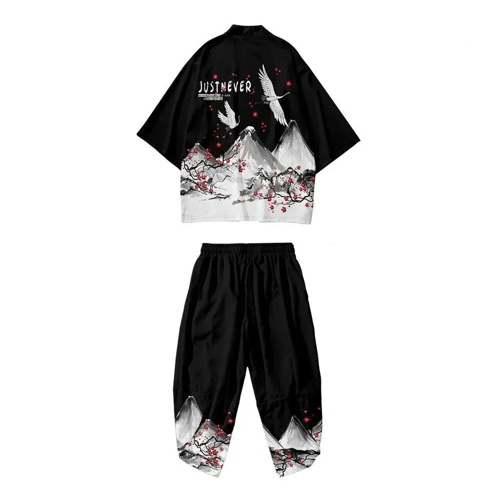 Japanese White Black Sakura Crane Mountains Mens Two-Piece Kimono Yukata Top & Pants Sets - Image 3