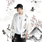 Japanese White Black Sakura Crane Mountains Mens Two-Piece Kimono Yukata Top & Pants Sets