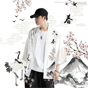 Japanese White Black Sakura Crane Mountains Mens Two-Piece Kimono Yukata Top & Pants Sets