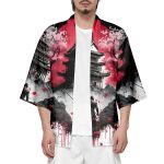 Japanese-theme Ancient Pagoda Sakura Red Sun Unisex Kimono