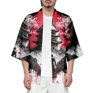 Japanese-theme Ancient Pagoda Sakura Red Sun Unisex Kimono