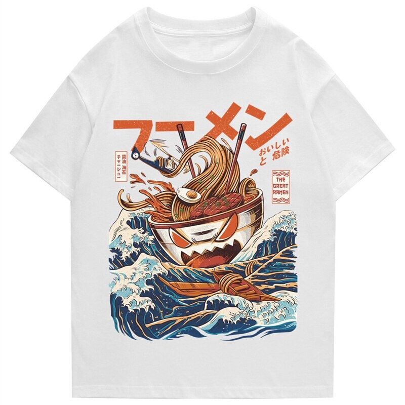 Japanese-theme Flaming Hot Noodles Great Waves Unisex Tee - Image 3