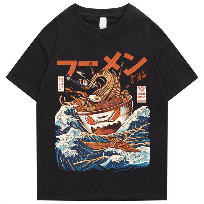 Japanese-theme Flaming Hot Noodles Great Waves Unisex Tee - Image 4