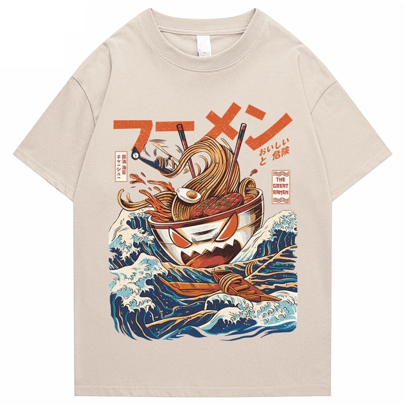 Japanese-theme Flaming Hot Noodles Great Waves Unisex Tee