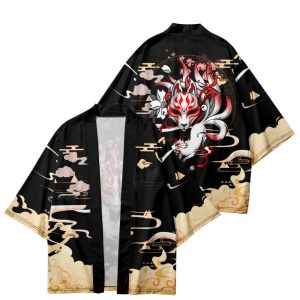 Japanese-themed Black Gold Nine Tailed Fox Unisex Kimono