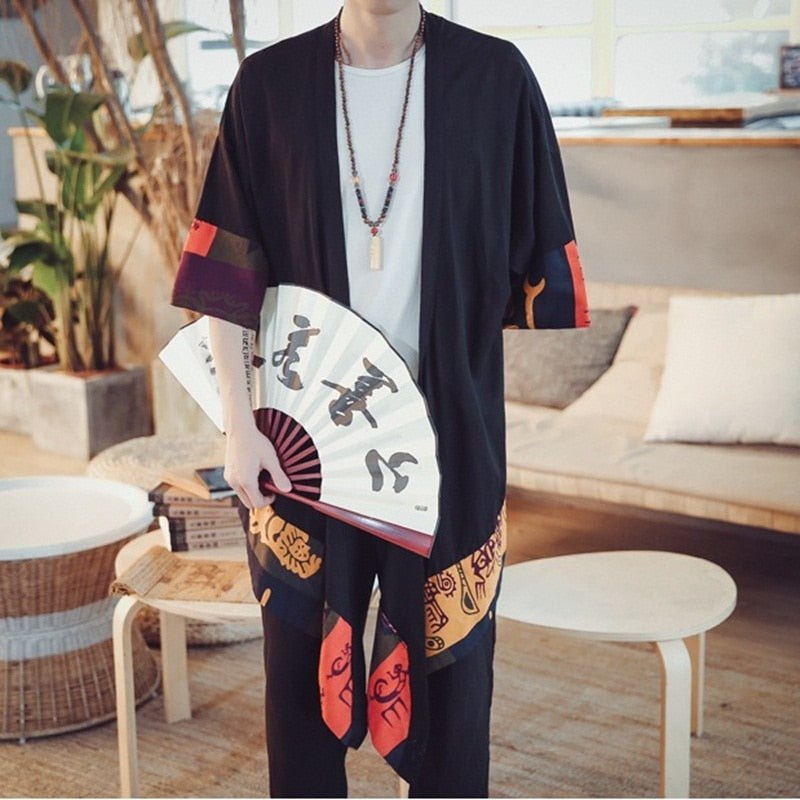 Japanese-themed Colorful Zigzag Black Men's Haori Yukata Kimono Jacket - Image 2