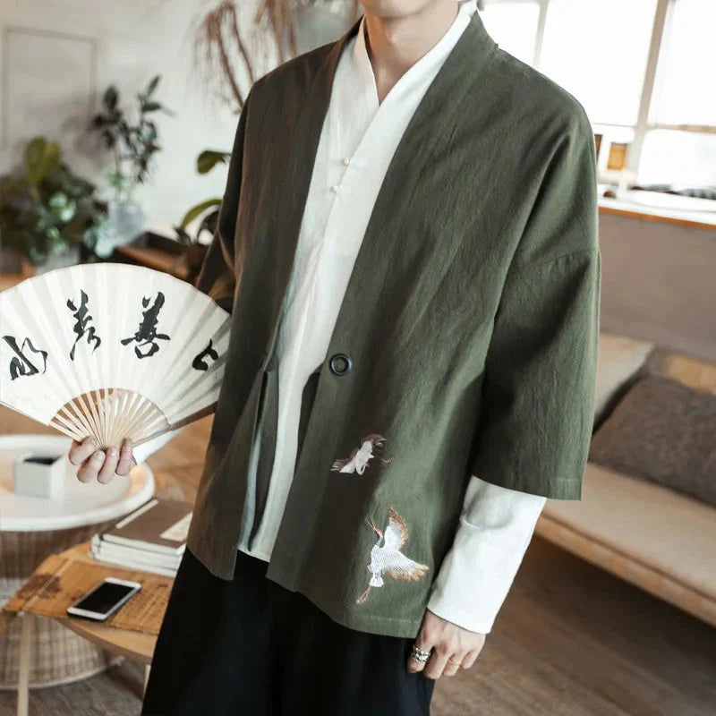 Japanese-themed Couple Crane Men's Yukata Kimono Jacket - Image 3