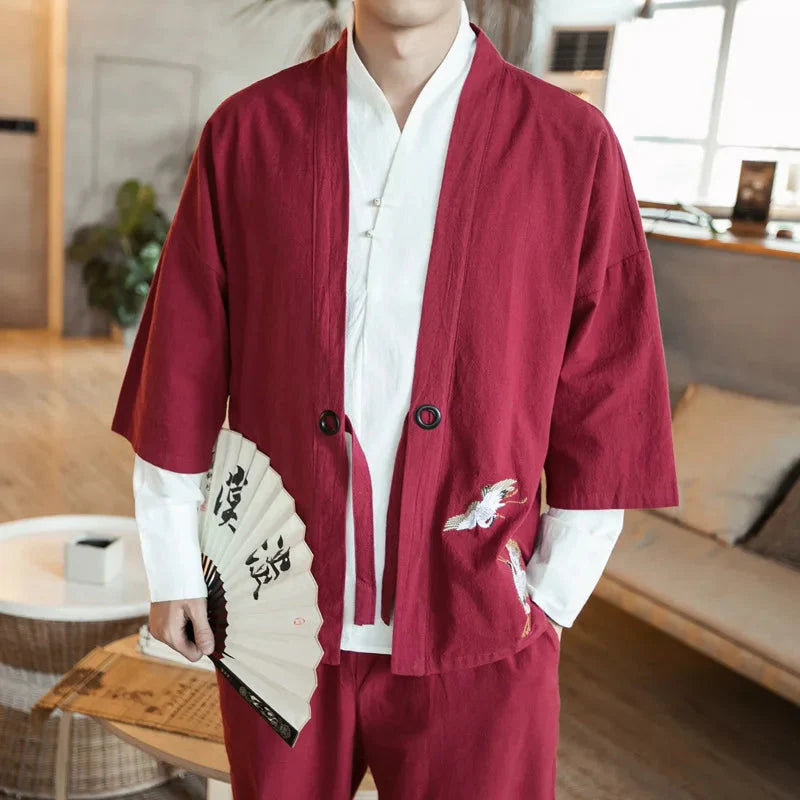 Japanese-themed Couple Crane Men's Yukata Kimono Jacket - Image 5