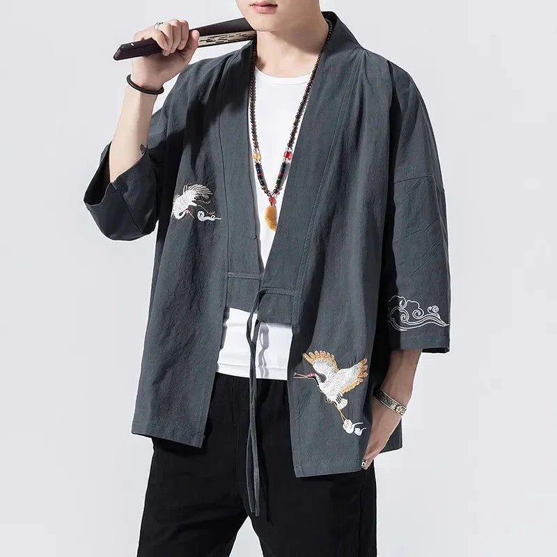 Japanese-themed Crane Cloud Minimal Men's Yukata Kimono Jacket - Image 4