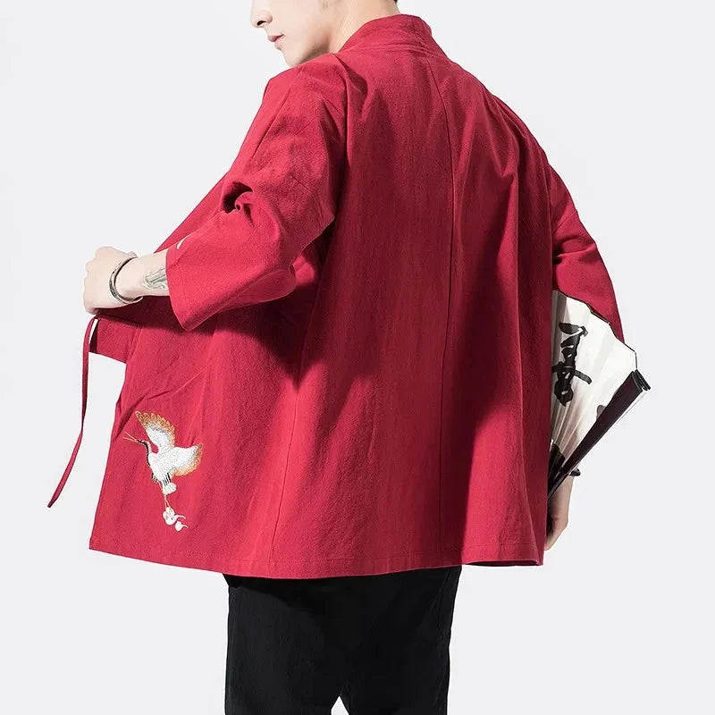 Japanese-themed Crane Cloud Minimal Men's Yukata Kimono Jacket - Image 2