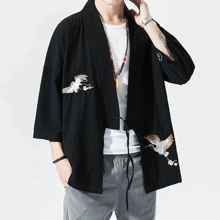 Japanese-themed Crane Cloud Minimal Men's Yukata Kimono Jacket - Image 3