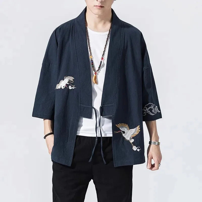 Japanese-themed Crane Cloud Minimal Men's Yukata Kimono Jacket