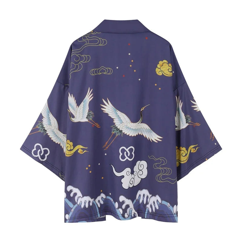 Japanese-themed Crane Cloudy Waves Unisex Purple/White Kimono - Image 2