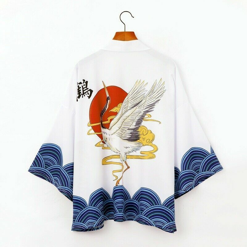 Japanese-themed Crane Cloudy Waves Unisex Purple/White Kimono - Image 3