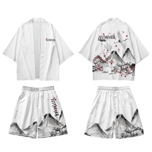 Japanese-themed Crane Mountains Two-Piece Kimono Top & Shorts Sets