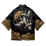 Japanese-themed Crane Print Black Gold Unisex Kimono