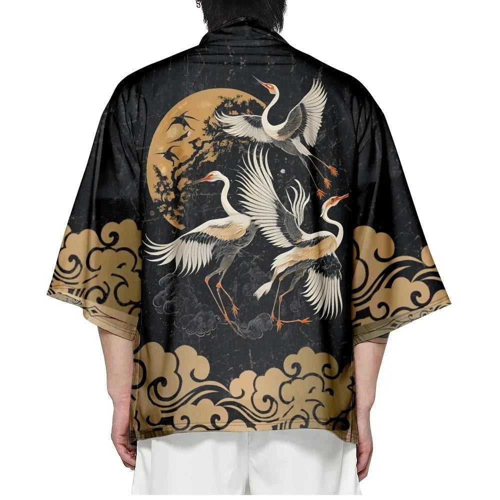 Japanese-themed Crane Print Black Gold Unisex Kimono - Image 2