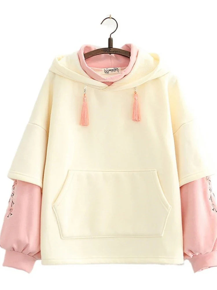 Japanese-themed Cream Pink Sakura Two-Tone Hoodie - Image 3