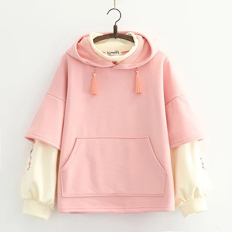 Japanese-themed Cream Pink Sakura Two-Tone Hoodie - Image 2