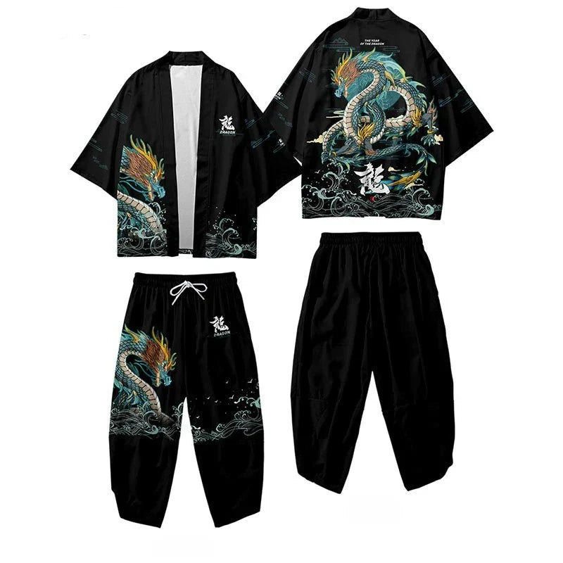 Japanese-themed Emerald Dragon Two-Piece Kimono Yukata Top & Pants Sets - Image 2