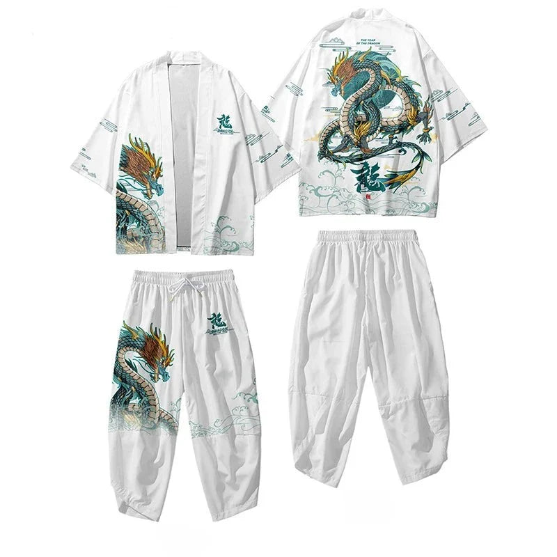 Japanese-themed Emerald Dragon Two-Piece Kimono Yukata Top & Pants Sets - Image 3