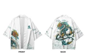 Japanese-themed Emerald Dragon Two-Piece Kimono Yukata Top & Pants Sets