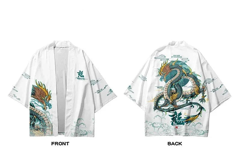 Japanese-themed Emerald Dragon Two-Piece Kimono Yukata Top & Pants Sets