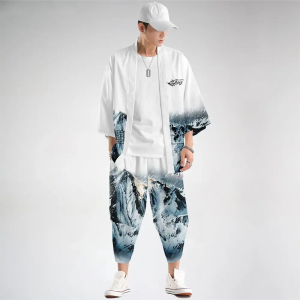 Japanese-themed Glaciar Mountains Two-Piece Kimono Yukata Top & Pants