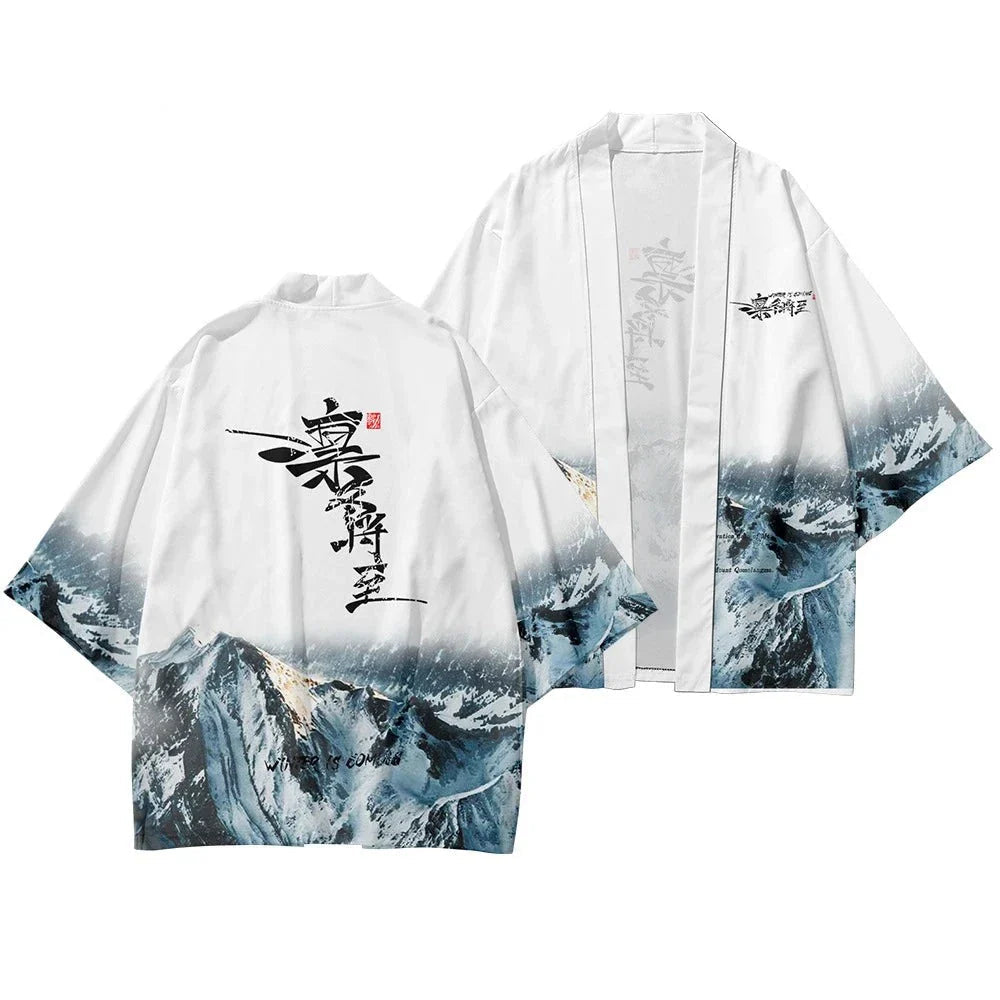 Japanese-themed Glaciar Mountains Two-Piece Kimono Yukata Top & Pants - Image 2
