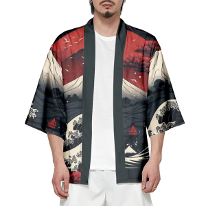 Japanese-themed Great Wave off Kanagawa Red Purple Unisex Kimono