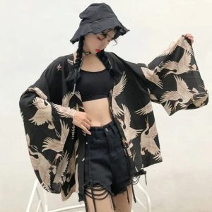Japanese-themed Majestic Cranes Black Women's Kimono