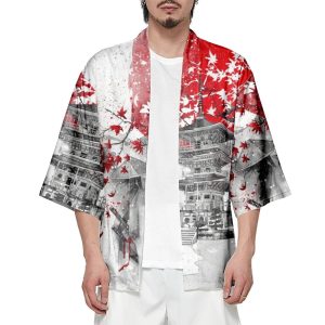 Japanese-themed Samurai Pagoda Red Sun Unisex Kimono