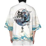 Japanese-themed Three Crane Waves White Unisex Kimono