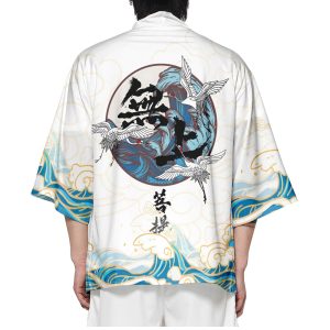 Japanese-themed Three Crane Waves White Unisex Kimono