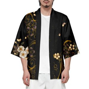 Japanese-themed White Crane Black Gold Unisex Kimono