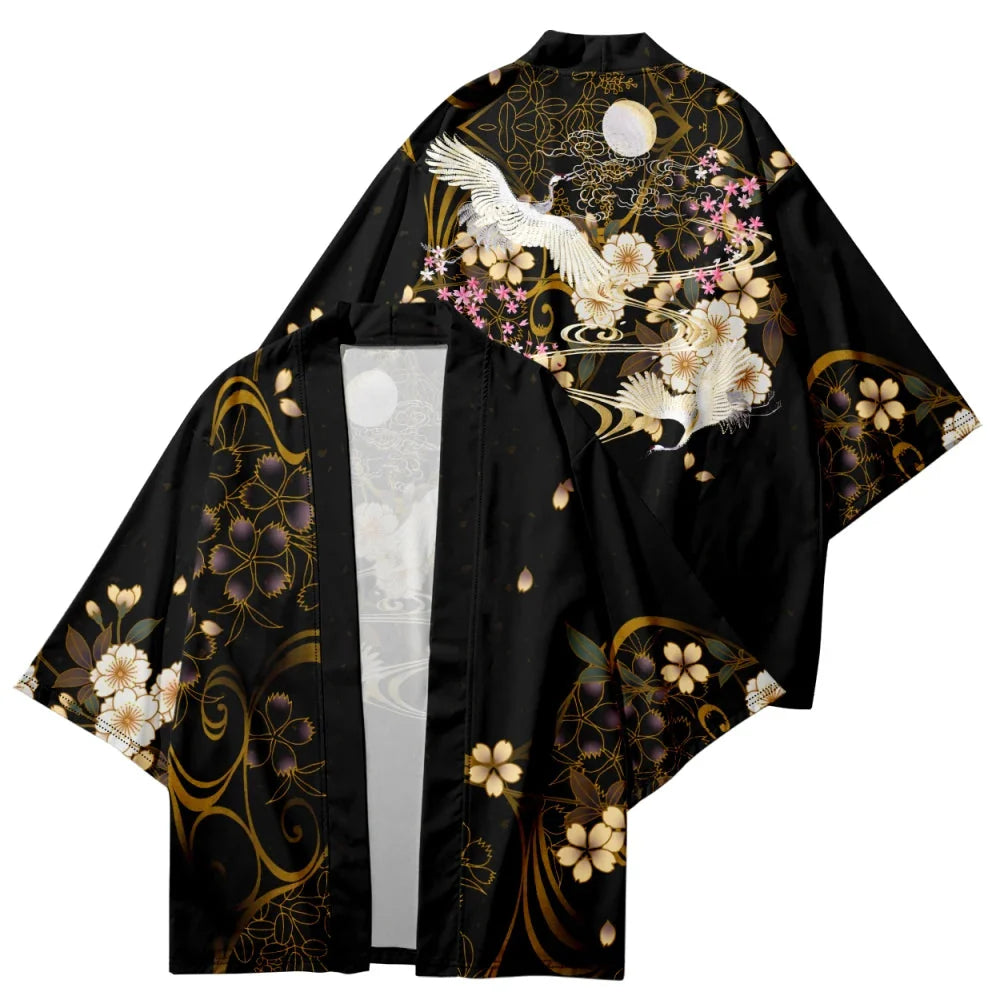 Japanese-themed White Crane Black Gold Unisex Kimono - Image 2