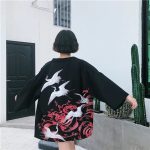 Japanese-themed White Cranes Red Black Women's Kimono