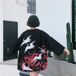 Japanese-themed White Cranes Red Black Women's Kimono