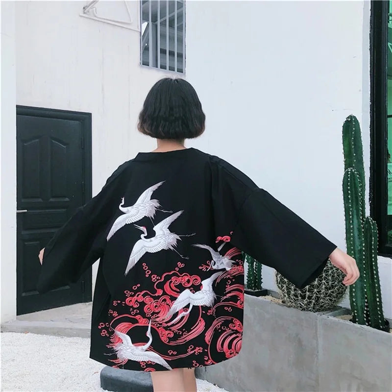 Japanese-themed White Cranes Red Black Women's Kimono