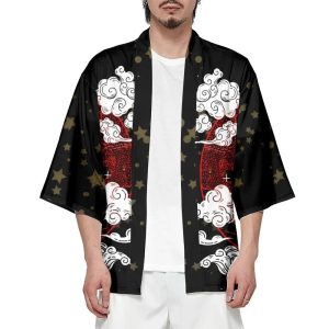Japanese-themed White Fox Mask Print Unisex Kimono