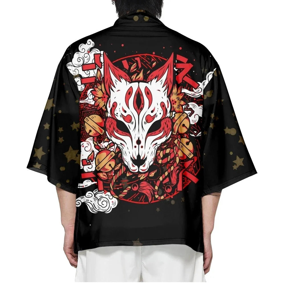 Japanese-themed White Fox Mask Print Unisex Kimono - Image 2