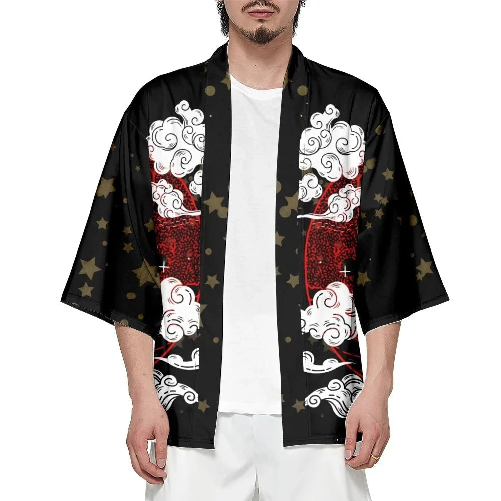 Japanese-themed White Fox Mask Print Unisex Kimono